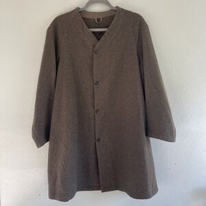 1941 Mid century Wool Military Coat Jacket Mid Length Button Collarless Tan L